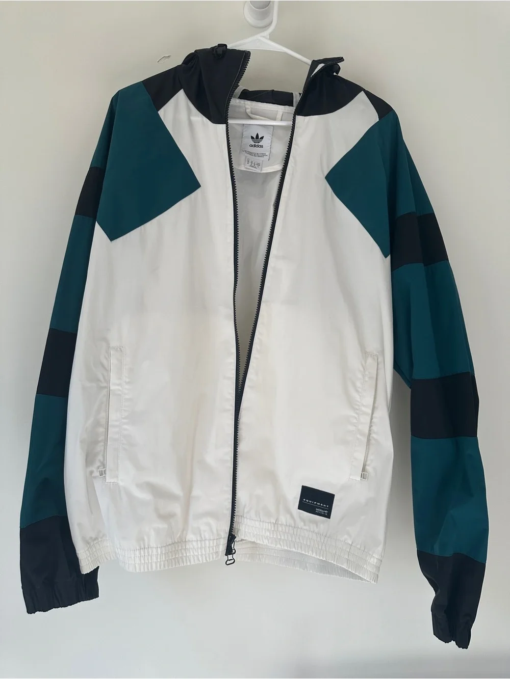 adidas White Windbreaker Jacket with Teal and Black Accents